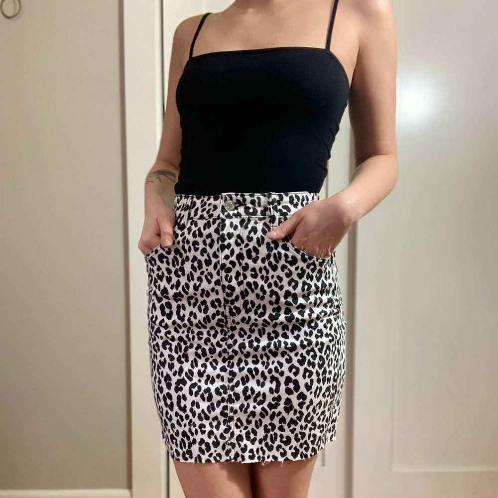 Black and white leopard print denim mini skirt